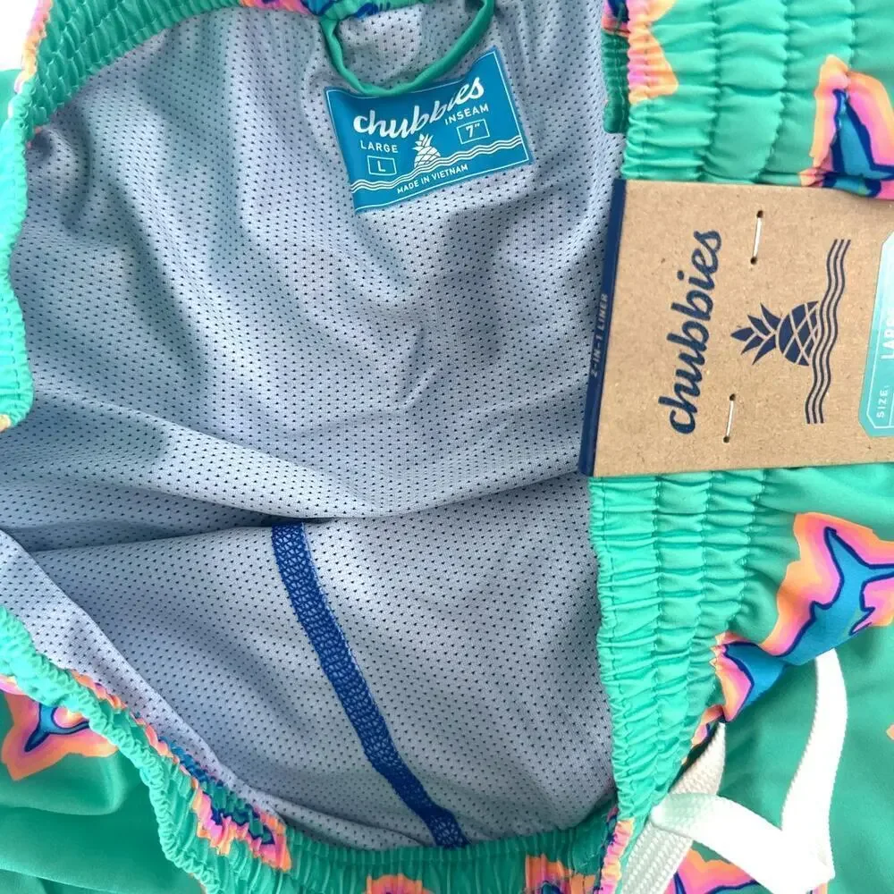 Chubbies Teal Sharks The Apex Swimmers Lined Classic Swim Trunk Size L